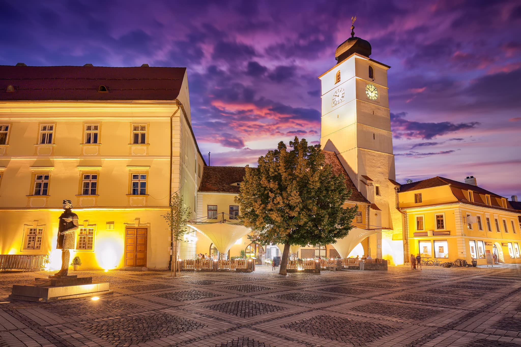 Amazing View of Lesser Square and Council Tower in the center of Sibiu city. Impressive scene of Transylvania.  Location: Sibiu, Transylvania region, Romania, Europe
